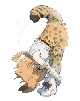 Rule 34 | 1girl, animal ears, animal print, bent over, blonde hair, boots, breasts, cat ears, cat girl, cat tail, commentary request, elbow gloves, forward fold, from side, full body, gloves, highres, hugging own legs, kemono friends, medium breasts, medium hair, print gloves, print skirt, print thighhighs, serval (kemono friends), shirt, simple background, skirt, sleeveless, sleeveless shirt, solo, spawnfoxy, standing, tail, tail raised, thighhighs, white background, white boots, white shirt, yellow skirt, yellow thighhighs