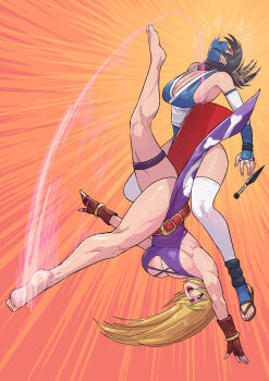 2girls absurdres arm_up armpits barefoot blonde_hair breasts cirenk cleavage crossed_arms dress fatal_fury feet fighting fingerless_gloves garou:_mark_of_the_wolves gloves highres hitting b._jenet jolly_roger jumping kicking kitana large_breasts leg_up long_hair mortal_kombat_(series) multiple_girls muscular muscular_female ninja no_bra purple_dress purple_skirt sandals sideboob skirt sleeveless sleeveless_dress smile snk somersault standing standing_on_one_leg the_king_of_fighters the_king_of_fighters_xv toned upskirt