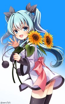 1girl :d ass back_bow black_ribbon black_thighhighs blue_background blue_eyes blue_hair bow commentary_request commission cowboy_shot dress flower gradient_background hair_ribbon hand_up highres holding holding_flower long_hair long_sleeves looking_at_viewer noel_(sora_no_method) open_hand open_mouth pink_bow ribbon skeb_commission smile solo sora_no_method sunflower thighhighs twitter_username two-tone_background two_side_up very_long_hair white_background white_dress wide_sleeves yellow_flower zero7shi