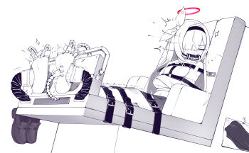 1girl barefoot bdsm bit_gag blue_archive bondage bound bound_toes crying female_focus gag gagged highres juzi_(orange8619) loli plana_(blue_archive) restrained soles solo spread_toes straitjacket tickle_torture tickling tickling_feet toes