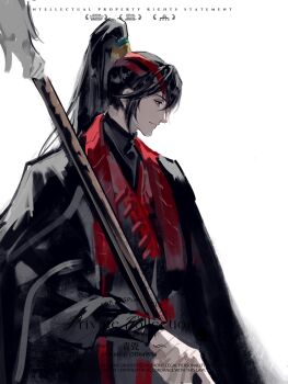 1boy bandaged_head bandages black_hair black_hanfu chinese_clothes cowboy_shot curtained_hair hair_ornament hanfu hashtag-only_commentary high_ponytail highres holding holding_staff hong_lu_(project_moon) limbus_company looking_to_the_side male_focus official_alternate_costume ponytail project_moon red_scarf red_trim scarf sidelocks smile solo staff stole vynorichter