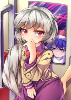 Rule 34 | 1boy, 1other, 2girls, angel wings, between legs, blonde hair, blush, chikan, covering crotch, covering privates, doremy sweet, dream world (touhou), dress, fun bo, grabbing another's ass, grey hair, hand between legs, hand on another's ass, hand on crotch, hand on own crotch, hand to own mouth, hat, jacket, kishin sagume, long sleeves, looking at viewer, molestation, multiple girls, nightcap, open clothes, open jacket, pov, pov hands, purple dress, purple eyes, red eyes, short hair, single wing, smirk, smug, space, tears, touhou, train, train interior, troll face, watching, wide hips, wings