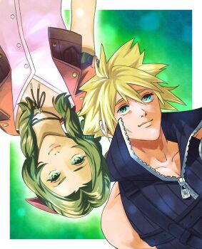 1boy 1girl absurdres aerith_gainsborough aqua_eyes bare_shoulders black_vest blonde_hair border braid braided_ponytail brown_hair choker closed_mouth cloud_strife dress emi-bianchi final_fantasy final_fantasy_vii final_fantasy_vii:_advent_children final_fantasy_vii_rebirth final_fantasy_vii_remake flower_choker gold_buttons green_background green_eyes hair_between_eyes hair_ribbon highres jacket light_smile long_hair parted_bangs pink_dress pink_ribbon popped_collar red_jacket ribbon short_hair sidelocks single_braid spiked_hair twitter_username upper_body vest white_border zipper_pull_tab