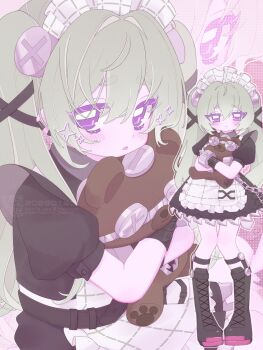 Rule 34 | 1girl, animal bag, apron, bear bag, black boots, black dress, blush, boots, closed mouth, commentary, corin wickes, dress, english commentary, green hair, hair between eyes, highres, holding, holding stuffed toy, looking at viewer, maid, maid apron, maid headdress, multiple views, open mouth, purple eyes, screw hair ornament, standing, stuffed animal, stuffed toy, teddy bear, teruteru twinq, twintails, white apron, zenless zone zero