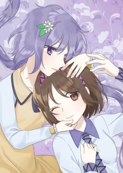 2girls blush brown_eyes brown_hair closed_mouth collared_shirt commentary_request commission dress floral_background flower flower_request hair_flower hair_ornament hairband long_hair long_sleeves multiple_girls one_eye_closed pink_hairband purple_eyes purple_hair shirt short_hair skeb_commission smile swimsuit touhou tsukumo_benben tsukumo_yatsuhashi tsuno_no_hito very_long_hair white_flower white_shirt yellow_dress