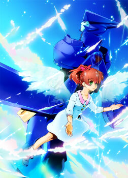 Rule 34 | 1boy, 1girl, android, asagi marin, back-to-back, black footwear, blue skin, blue sky, bow, brigadoon, brown hair, colored skin, dress, green eyes, hair between eyes, hair bow, melan blue, niku (amikoto), outdoors, pink bow, ponytail, short ponytail, sky, socks, white dress, white wings, wings