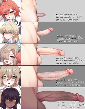 5futa absurdres akane_(blue_archive) asuna_(blue_archive) black_hair blonde_hair blue_archive blue_eyes blue_halo braid closed_mouth dark-skinned_female dark_skin english_text erection female_pubic_hair foreskin futanari glasses hair_between_eyes hair_over_one_eye halo highres huge_testicles karin_(blue_archive) large_penis large_testicles light_brown_hair long_hair looking_at_viewer medium_penis multiple_futa neru_(blue_archive) ohthicc open_mouth orange_hair penis penis_chart penis_size_difference phimosis pubic_hair red_eyes single_braid small_penis testicles toki_(blue_archive) uncensored veins veiny_penis yellow_eyes