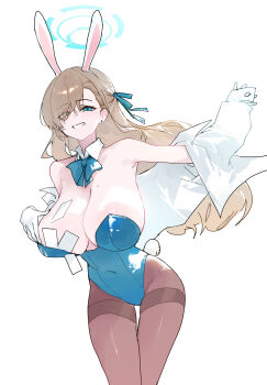 1girl absurdres animal_ear_hairband animal_ears aqua_bow aqua_bowtie aqua_leotard arm_up armpits asuna_(blue_archive) asuna_(bunny)_(blue_archive) blonde_hair blue_archive blush bow bowtie breasts brown_hiphighs covered_navel detached_collar dokshuri earrings eyes_visible_through_hair fake_animal_ears fake_tail gloves groin hair_over_one_eye hairband halo highleg highleg_leotard highres hiphighs huge_breasts jewelry leotard long_hair looking_at_viewer mole mole_on_breast official_alternate_costume open_clothes open_shirt playboy_bunny rabbit_ear_hairband rabbit_ears rabbit_tail shirt simple_background smile solo straight_hair strapless strapless_leotard stud_earrings tail thigh_gap thighband_hiphighs very_long_hair white_background white_gloves white_shirt