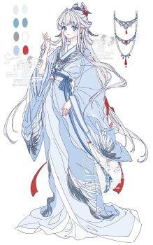 1girl absurdres beads blue_eyes blush chinese_clothes chuanhe_duanduanzi closed_mouth color_guide earrings full_body grey_hair hair_ornament hair_rings hair_stick hand_up hanfu highres holding jewelry long_hair long_sleeves looking_at_viewer low-tied_long_hair non-web_source original rabbit_hairstyle ribbon ring sash shawl sidelocks simple_background solo standing tassel very_long_hair white_background wide_sleeves zhijupao
