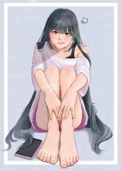 1girl :t artist_name barefoot black_bra black_hair bra bracelet cellphone center-flap_bangs closed_mouth full_body glint grey_eyes hair_spread_out hashtag-only_commentary highres jewelry knees_up long_hair looking_at_viewer off-shoulder_shirt off_shoulder original phone pink_shorts pout puff_of_air shirt short_shorts shorts sitting smartphone solo straight-on three-quarter_sleeves toe_ring toenails toes underwear very_long_hair watermark white_shirt zakikoillust