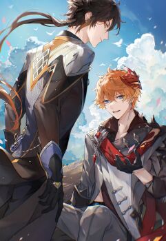 2boys absurdres ahoge bird black_gloves black_hair black_pants blue_eyes blue_sky brown_coat brown_hair chinese_commentary closed_mouth cloud cloudy_sky coat collarbone collared_shirt day earrings falling_petals feet_out_of_frame genshin_impact glint gloves gradient_hair grey_jacket grey_pants hair_between_eyes hand_up highres jacket jewelry long_hair long_sleeves looking_at_viewer looking_back low_ponytail male_focus mask mask_on_head multicolored_hair multiple_boys nidexintu open_mouth orange_hair outdoors pants parted_lips petals ponytail profile red_mask red_scarf red_shirt scarf shirt short_hair single_earring sitting sky smile standing tartaglia_(genshin_impact) tassel tassel_earrings teeth vision_(genshin_impact) yellow_eyes zhongli_(genshin_impact)