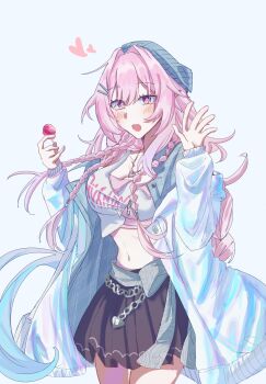 1girl aqua_hair black_skirt blue_hat blue_jacket blush breasts commentary_request cyrene_(honkai:_star_rail) cyrene_(ripples_of_past_reverie)_(honkai:_star_rail) diamond-shaped_pupils diamond_(shape) food hat highres holding holding_food holding_popsicle honkai:_star_rail honkai_(series) jacket large_breasts long_hair looking_at_viewer midriff miniskirt multicolored_hair navel official_alternate_costume open_mouth pink_hair popsicle purple_eyes simple_background skirt solo symbol-shaped_pupils tako_83q two-tone_hair very_long_hair white_background