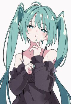 1girl absurdres black_dress blue_eyes blue_hair blue_nails commentary detached_sleeves dress hatsune_miku highres hutaba_haru light_blush long_hair nail_polish number_tattoo parted_lips shoulder_tattoo simple_background solo symbol-only_commentary tattoo twintails upper_body very_long_hair vocaloid white_background
