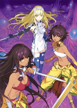 3girls aiz_wallenstein bare_shoulders barefoot black_hair blonde_hair blue_footwear boots dark-skinned_female dark_skin dungeon_ni_deai_wo_motomeru_no_wa_machigatteiru_darou_ka haimura_kiyotaka hair_tubes highres holding holding_sword holding_weapon jewelry long_hair midriff multiple_girls navel necklace official_art second-party_source strapless sword sword_oratoria thigh_boots tiona_hyryute tione_hyryute tube_top weapon