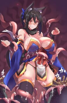 1girl animal_ear_fluff animal_ears bare_shoulders black_hair black_panties black_scarf breasts detached_sleeves facehugger fingerless_gloves fox_ears fox_girl fox_tail gloves hair_ornament highres mole mole_on_breast orange_eyes original panties pelvic_curtain sawaya_(mizukazu) scarf see-through_clothes side-tie_panties tail tentacles thighhighs underwear wide_sleeves