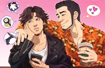 Rule 34 | arm around shoulder, beard, black hair, black jacket, brown eyes, brown hair, cellphone, chinstrap beard, commentary, cup, cup holder, english commentary, eyebrow cut, facial hair, heart, highres, holding, holding cup, holding disposable cup holder, holding instrument, holding saxophone, instrument, jacket, judge eyes, kaito masaharu, leather, leather jacket, male focus, orange shirt, pectoral cleavage, pectorals, phone, saxophone, shirt, smartphone, smile, teppn (gattobamboom), yagami takayuki