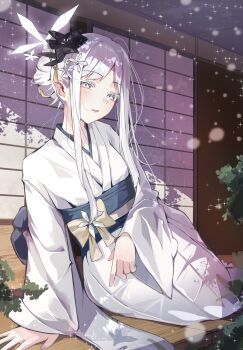 1girl absurdres bilingual_commentary black_flower blue_archive bow colored_eyelashes commentary english_commentary flower gaohuang43450 hair_bun hair_flower hair_in_own_mouth hair_ornament halo highres japanese_clothes kimono light_blush light_particles long_hair looking_at_viewer mixed-language_commentary nagusa_(blue_archive) obi official_alternate_costume on_floor paper_wall parted_lips sash sitting snowflake_hair_ornament snowflake_halo solo sparkle veranda white_eyelashes white_eyes white_hair white_halo white_kimono yokozuwari