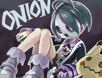 Rule 34 | 1boy, absurdres, ahoge, allister (pokemon), black hair, black shirt, black shorts, bright pupils, character name, collared shirt, commentary, dusk ball, gen 7 pokemon, grey shoes, grey socks, highres, holding, holding poke ball, holster, knees, male focus, mask, mimikyu, nintendo, outline, poke ball, poke ball (basic), pokemon, pokemon (creature), pokemon sword and shield, print shirt, purple eyes, sharumon, shirt, shoes, short hair, shorts, side slit, side slit shorts, socks, suspenders, white pupils