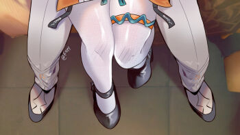 1boy 1girl belle_(delicate_sunlight)_(zenless_zone_zero) belle_(zenless_zone_zero) black_shoes brother_and_sister felichiii from_above grey_pants grey_shoes hashtag-only_commentary highres implied_incest knee_blush leg_focus official_alternate_costume pants pantyhose shoes siblings sitting sitting_on_person thigh_strap twitter_username white_pantyhose wise_(soaring_crane)_(zenless_zone_zero) wise_(zenless_zone_zero) zenless_zone_zero