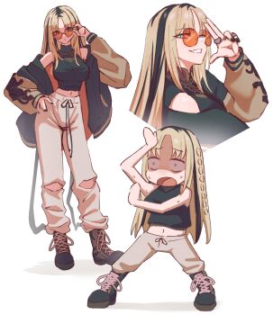 1girl adjusting_eyewear aqua_eyes black_hair black_nails blonde_hair boots breasts deformed full_body grin hand_on_own_hip highres hololive hololive_dev_is jacket jewelry koganei_niko large_breasts long_hair looking_at_viewer midriff multicolored_hair multiple_views navel nervous_sweating off_shoulder orange-tinted_eyewear pants ring salute smile streaked_hair sumosumo sunglasses sweat sweatpants tinted_eyewear torn_clothes torn_pants two-finger_salute virtual_youtuber