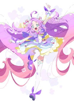 Rule 34 | 1girl, :d, ahoge, akechi anna, arm up, blue arm warmers, blue eyes, bow, bowtie, brooch, capelet, cure answer, double bun, dress, fingerless gloves, full body, gloves, gradient hair, hair bun, hair intakes, hair ornament, heart, heart brooch, highres, huge ahoge, index finger raised, jewelry, long hair, looking at viewer, magical girl, meitantei precure!, multicolored hair, open mouth, pact holder, parted bangs, pink bow, pink bowtie, pink hair, precure, purple capelet, purple dress, purple hair, purple ribbon, purple shoes, ribbon, serizawa serizane, shoes, sidelocks, smile, solo, standing, standing on one leg, thighhighs, twintails, two-tone hair, very long hair, white gloves, white thighhighs, wing hair ornament, wrist ribbon