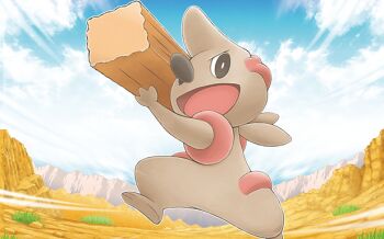 black_eyes blue_sky bright_pupils cloud day gen_5_pokemon grass holding mizue nintendo official_art open_mouth outdoors pokemon pokemon_(creature) pokemon_focus pokemon_tcg sky smile solo third-party_source timburr white_pupils wooden_beam