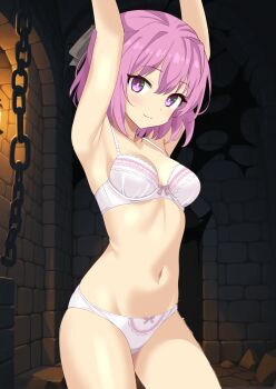 1girl ahoge armpits arms_up bare_arms bare_legs breasts chain choujin_koukousei-tachi_wa_isekai_demo_yoyuu_de_ikinuku_you_desu! closed_mouth collarbone commentary_request commission dungeon highres indoors looking_at_viewer navel pink_eyes pink_hair pixiv_commission sarutobi_shinobu shimouki_izui short_hair small_breasts smile solo standing thigh_gap underwear underwear_only