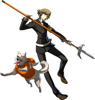 Rule 34 | 1boy, amada ken, animal, armband, black pants, brown eyes, brown hair, brown shoes, clothed animal, dog, evoker, gekkoukan high school uniform, highres, holding, holding polearm, holding weapon, hood, hoodie, koromaru (persona), official art, oribe hanako, pants, persona, persona 4: the ultimate in mayonaka arena, persona 4: the ultimax ultra suplex hold, polearm, red eyes, school uniform, shoes, third-party source, tongue, tongue out, transparent background, watch, weapon, wristwatch