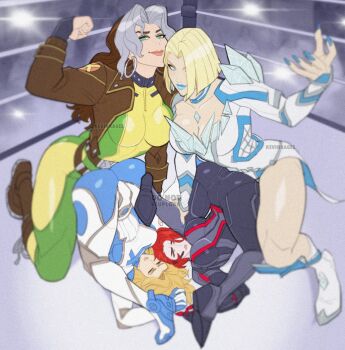 4girls ass avengers_(series) black_widow blonde_hair blue_eyes blue_lips blush bodysuit breasts colored_bangs commentary corset diamond-shaped_earrings diamond_earrings earrings emma_frost english_commentary fantastic_four green_bodysuit highres jacket jewelry kevin_raganit leather leather_jacket leotard lipstick makeup marvel marvel_rivals multicolored_bodysuit multicolored_hair multicolored_leotard multiple_girls natasha_romanoff rogue_(x-men) sue_storm superhero_costume two-tone_bodysuit two-tone_hair white_corset x-men yellow_bodysuit