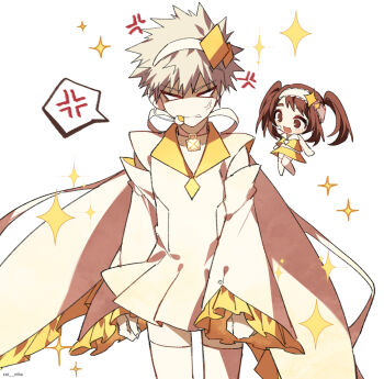 Rule 34 | 1boy, 1girl, :d, alternate costume, amulet dia, amulet dia (cosplay), anger vein, bakugou katsuki, blonde hair, blush, boku no hero academia, brown hair, clenched teeth, coi mha, commentary, cosplay, detached sleeves, dress, frills, hairband, highres, long hair, long sleeves, looking at viewer, male focus, no pupils, no shoes, open mouth, shirt, short hair, shugo chara!, skirt, smile, sparkle, sparkle background, spiked hair, spoken anger vein, teeth, thighhighs, twintails, uraraka ochako, v-shaped eyebrows, white background, white hairband, yellow shirt, yellow skirt, zettai ryouiki