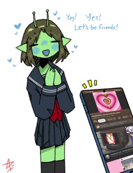 1girl absurdres alien antennae ashenov black_thighhighs blush brown_hair colored_skin green_skin heart highres medium_hair original pleated_skirt pointy_ears school_uniform serafuku simple_background sketch skirt thighhighs white_background zettai_ryouiki