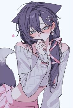 1girl animal_ears aran_sweater bare_shoulders black_hair black_tail blush bra_strap cable_knit commentary_request covered_mouth covering_own_mouth cropped_sweater curtained_hair double-parted_bangs ear_blush earrings ears_down extra_ears grey_background grey_eyes hair_between_eyes hair_ornament hair_over_shoulder hair_ribbon hairclip hairpin hand_up heart highres holding holding_own_hair jewelry korean_commentary leaning_forward lifted_by_tail long_hair long_sleeves looking_at_viewer low_side_ponytail midriff mole mole_under_mouth nose_blush off-shoulder_sweater off_shoulder original pink_ribbon pink_skirt pleated_skirt pom_pom_(clothes) pom_pom_earrings rhinestone ribbon ribbon_earrings simple_background skirt sleeves_past_wrists solo sweater tail tail_raised tress_ribbon tsurime upper_body white_sweater yuke_(sowon5612)
