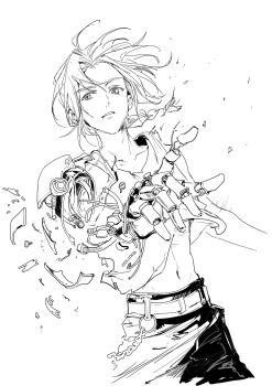 1boy automail belt braid braided_ponytail breaking cable chinese_commentary collarbone commentary_request cowboy_shot edward_elric fullmetal_alchemist greyscale highres long_hair looking_at_viewer male_focus mechanical_arms monochrome navel outstretched_hand parted_lips ponytail prosthesis prosthetic_arm shards shirt simple_background single_mechanical_arm sketch solo white_background wind yuno_11_02