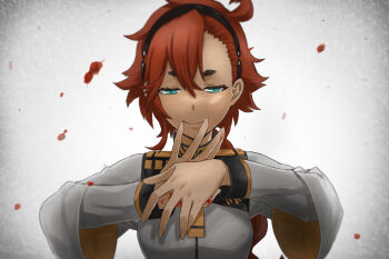 Rule 34 | 1girl, ahoge, aqua eyes, asticassia school uniform, black hairband, blood, chainsaw man, gundam, gundam aerial slap (meme), gundam suisei no majo, hair between eyes, hairband, hand gesture, jacket, long hair, long sleeves, looking at viewer, low ponytail, makima (chainsaw man), meme, nonone (the9thxsheep), parody, ponytail, red hair, school uniform, solo, spoilers, suletta mercury, swept bangs, thick eyebrows, upper body, white jacket