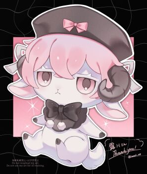 animal_focus black_background black_bow black_bowtie blush bow bowtie brown_hat closed_mouth commentary commission crossed_bangs double-parted_bangs hat highres horns iwasi_29 no_humans original outline pink_eyes pink_hair sheep short_hair skeb_commission thank_you twitter_username watermark white_outline