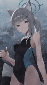 1girl absurdres animal_ear_fluff animal_ears bag black_one-piece_swimsuit blue_archive breasts competition_swimsuit covered_navel cross cross_hair_ornament extra_ears film_grain grey_sky hair_ornament highleg highleg_one-piece_swimsuit highres inverted_cross looking_at_viewer low_ponytail medium_hair official_alternate_costume one-piece_swimsuit outdoors overcast ponytail rain re_naya shiroko_(blue_archive) shiroko_(swimsuit)_(blue_archive) shoulder_bag sky small_breasts solo swimsuit two-tone_swimsuit wolf_ears