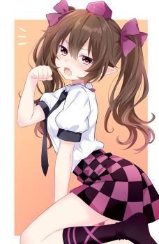 Rule 34 | 1girl, black necktie, black skirt, black socks, blush, brown eyes, brown hair, checkered clothes, checkered skirt, collared shirt, commentary, fang, hair ribbon, hat, highres, himekaidou hatate, kneehighs, long hair, looking at viewer, necktie, open mouth, paw pose, pointy ears, puffy short sleeves, puffy sleeves, purple hat, purple skirt, ribbon, shirt, short sleeves, skin fang, skirt, socks, solo, tanaka shoushou fumimaro, tokin hat, touhou, twintails, two-tone skirt, white shirt
