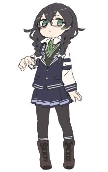 Rule 34 | 1girl, black-framed eyewear, black hair, black pantyhose, blazer, blue jacket, blue skirt, boots, bow, braid, brown boots, cevio, closed mouth, collared shirt, commentary, double-parted bangs, expressionless, flat color, full body, glasses, green eyes, green necktie, green sweater, hair bow, hair over shoulder, hanakuma chifuyu, highres, jacket, lace-up boots, long sleeves, looking at viewer, looking to the side, low twin braids, medium hair, necktie, pantyhose, pleated skirt, sakamoto ahiru, school uniform, semi-rimless eyewear, shirt, simple background, sketch, skirt, solo, sweater, synthesizer v, twin braids, under-rim eyewear, white background, white bow, white shirt