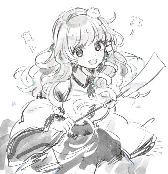 1girl bare_shoulders commentary_request detached_sleeves frog frog_hair_ornament gohei hair_ornament hair_tubes highres holding holding_gohei japanese_clothes kochiya_sanae long_hair looking_at_viewer monochrome mozukuzu_(manukedori) open_mouth shirt single_hair_tube skirt smile snake snake_hair_ornament solo star_(symbol) touhou