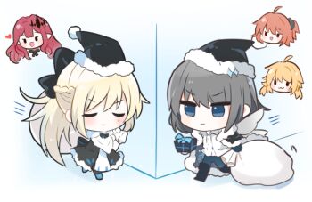 1boy 4girls :3 ahoge artoria_caster_(fate) artoria_pendragon_(fate) baobhan_sith_(fate) black_hat blonde_hair blue_eyes bow braid chibi commentary crown_braid english_commentary fate/grand_order fate_(series) fujimaru_ritsuka_(female) gift grey_hair hair_bow hair_ornament hair_scrunchie hat holding holding_gift holding_sack morgan_le_fay_(fate) multiple_girls oberon_(fate) one_side_up orange_hair rabi_(swordofthestone) red_hair sack santa_hat scrunchie
