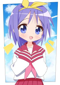 1girl absurdres artist_request blue_eyes blush cloud dot_nose feet_out_of_frame female_focus hair_ribbon highres hiiragi_tsukasa long_sleeves looking_at_viewer lucky_star open_mouth outdoors purple_hair red_sailor_collar red_skirt ribbon ryouou_school_uniform sailor_collar school_uniform serafuku short_hair skirt sky solo source_request standing