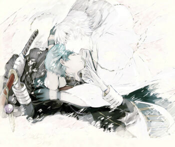 2boys black_shirt closed_eyes commentary_request gloves holding holding_sword holding_weapon ichigo_hitofuri long_hair long_sleeves male_focus multiple_boys shirt suou_(sdurorhr) sword touken_ranbu tsurumaru_kuninaga weapon white_gloves white_hair yaoi