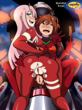 Rule 34 | 2girls, absurdres, angry, ass, blush, bodysuit, brown hair, clitoris, crossover, darling in the franxx, embarrassed, grabbing own ass, highres, latex, latex suit, looking at viewer, looking away, looking back, mbhen114, middle finger, multiple girls, neon genesis evangelion, one eye closed, presenting, pussy, souryuu asuka langley, spellcaster knight, spread ass, torn clothes, v, wide hips, wink, zero two (darling in the franxx)