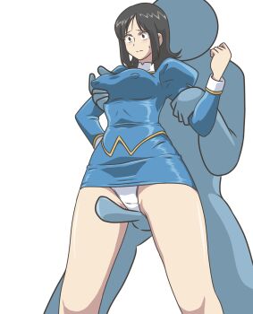 1boy 1girl agent_aika aika_(series) alternate_breast_size_(larger) arms_behind_back ascot bare_legs black_ascot black_hair blue_delmo blue_skirt blush breasts breasts_squeezed_together brown_eyes covered_erect_nipples covered_navel curvy delmo delmogeny_uniform embarrassed erection faceless faceless_male female_focus grabbing_another&#039;s_breast groping hetero highres imminent_penetration juliet_sleeves kuroyoshi long_sleeves medium_breasts panties pencil_skirt puffy_sleeves short_hair skirt standing underwear waitress_delmo white_background white_panties wide_hips