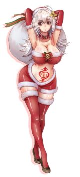 1girl ahoge ayakashi_triangle big_kapipara breasts cleavage collar fur-trimmed_gloves fur-trimmed_shorts fur-trimmed_thighhighs fur_trim genderswap genderswap_(mtf) gloves hair_between_eyes kazamaki_matsuri navel red_eyes santa_costume shiny_clothes shiny_skin shorts solo stomach_tattoo tattoo thighhighs