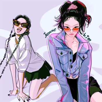 1girl artist_name_(singer) black_hair black_nails black_skirt blackpink denim denim_jacket hashtag-only_commentary iiiiben jacket jennie_(blackpink) looking_at_viewer multiple_views ponytail real_life skirt sunglasses tongue tongue_out