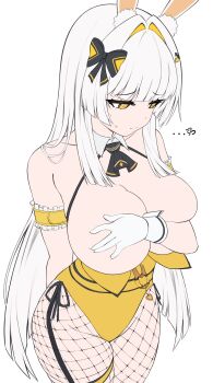 Rule 34 | 1girl, 3:, absurdres, animal ears, arm behind back, arm garter, bare shoulders, belt, black survival, bow, breasts, cleavage, closed mouth, commentary, covering breasts, covering privates, cowboy shot, dasi (kwts3227), detached collar, embarrassed, eternal return: black survival, fishnet pantyhose, fishnets, garter straps, gloves, hair bow, highleg, highleg leotard, highres, large breasts, leotard, long hair, looking down, minami rio, minami rio (winning shot), official alternate costume, pantyhose, rabbit ears, side-tie leotard, simple background, single garter strap, solo, spaghetti strap, thigh strap, very long hair, white background, white gloves, white hair, yellow eyes, yellow leotard