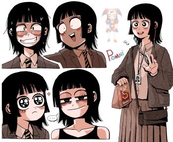 ... 1girl absurdres bag black_eyes black_hair black_necktie black_tank_top blush_stickers breasts brown_coat brown_sweater character_name cloud coat collared_shirt commentary constricted_pupils dress english_commentary flying_sweatdrops frown glint hand_up handbag hansoom_(latebirdwakeup) highres holding holding_bag humanization looking_at_viewer medium_breasts name_tag neckerchief necktie nervous_smile nervous_sweating pleated_dress pomni_(the_amazing_digital_circus) reference_inset shirt simple_background smile solo speech_bubble sweat sweater tank_top teeth the_amazing_digital_circus two-tone_necktie upper_body upper_teeth_only waving white_background yellow_neckerchief