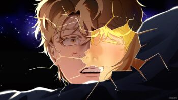 Rule 34 | 1boy, 1girl, absurdres, alien stage, artist name, blonde hair, blood, blood on face, colored eyelashes, commentary, crack, cracked glass, german commentary, highres, hug, hyuna (alien stage), luka (alien stage), male focus, open mouth, short hair, signature, xnighten, yellow eyes