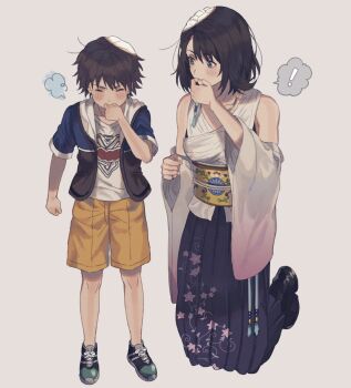 ! 1boy 1girl 234_(1234!) aged_down bare_shoulders black_shoes blue_eyes blush_stickers brown_hair closed_eyes commentary_request detached_sleeves final_fantasy final_fantasy_x finger_in_own_mouth floral_print full_body green_eyes grey_background heterochromia highres jacket jewelry looking_at_another necklace obi pinky_ring ring sash shirt shoes short_hair short_sleeves shorts simple_background skirt sneakers spoken_exclamation_mark standing tidus time_paradox whistling wide_sleeves yuna_(ff10)